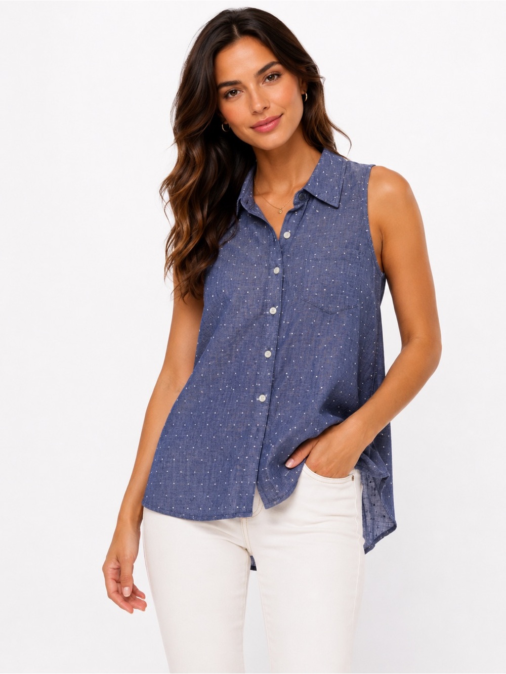 love, Fire Sleeveless Button-Down Shirt in Navy with White Dots
